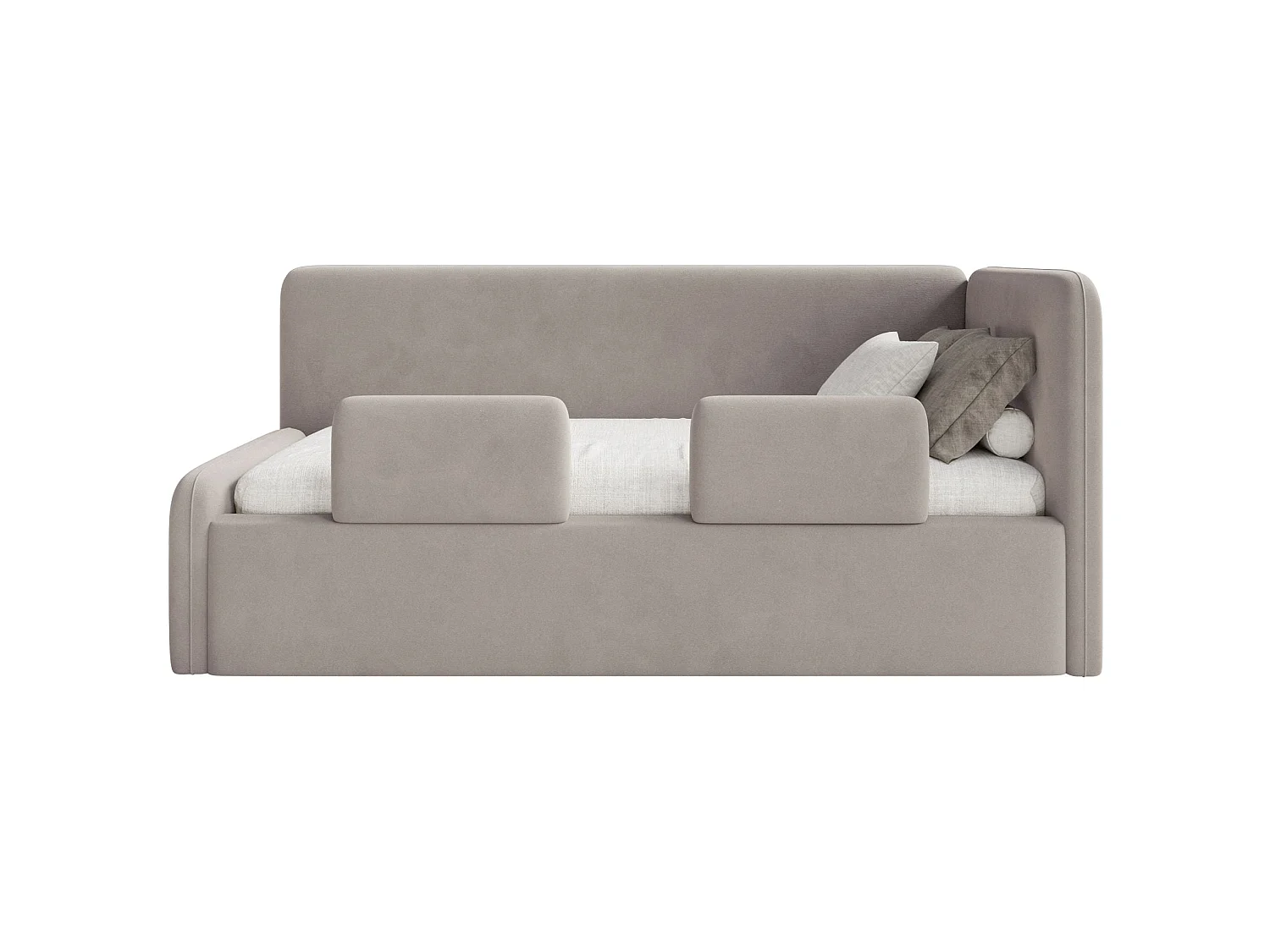 Lit enfant 90x200 – barrière de sécurité, tête de lit à droite – velours – grège – FANKO