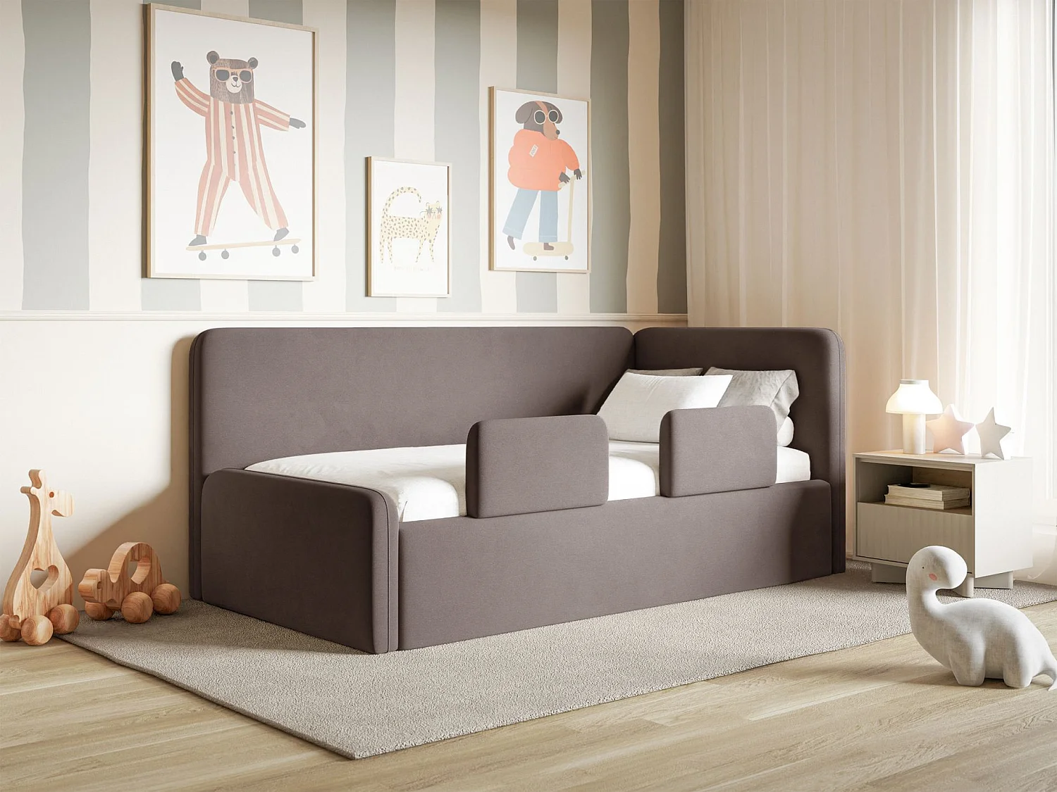 Kinderbed met hoofdbord rechts – matras, opbergruimte en uitvalbeveiliging – bruin – 90x200 cm – FANKO