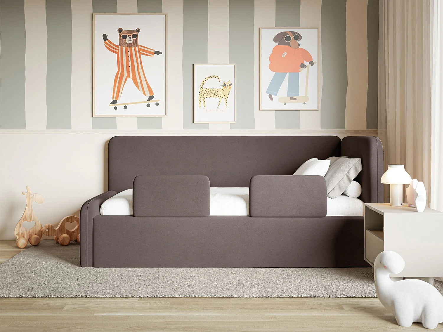 Kinderbed 90x200 met uitvalbeveiliging, matras en hoofdbord rechts – velours – bruin – FANKO