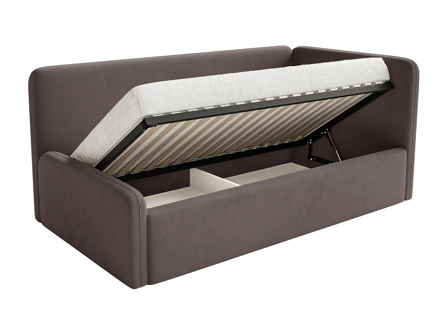 Kinderbed 90x200 met uitvalbeveiliging, matras en hoofdbord rechts – velours – bruin – FANKO