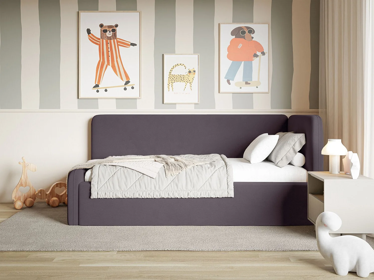 Lit junior 90x200 – barrière de sécurité, matelas, tête de lit à droite – velours – violet – FANKO