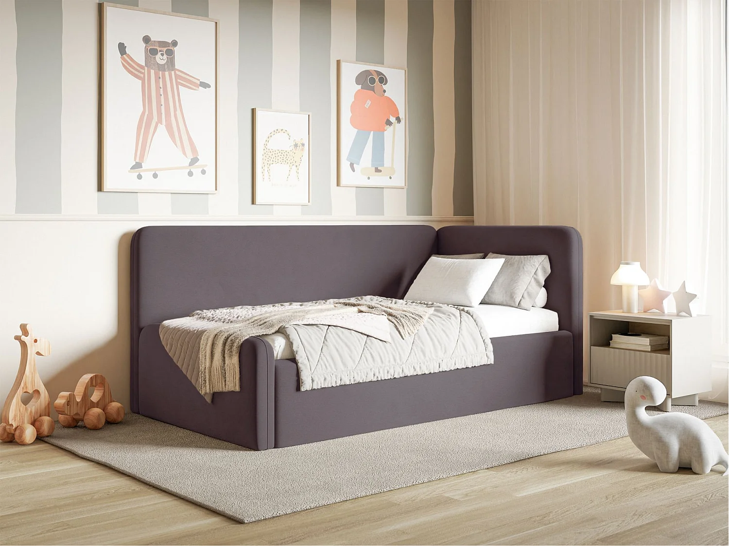 Lit junior 90x200 – barrière de sécurité, matelas, tête de lit à droite – velours – violet – FANKO