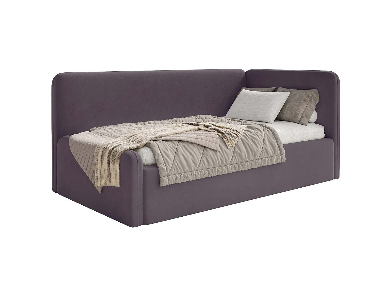 Lit junior 90x200 – barrière de sécurité, matelas, tête de lit à droite – velours – violet – FANKO