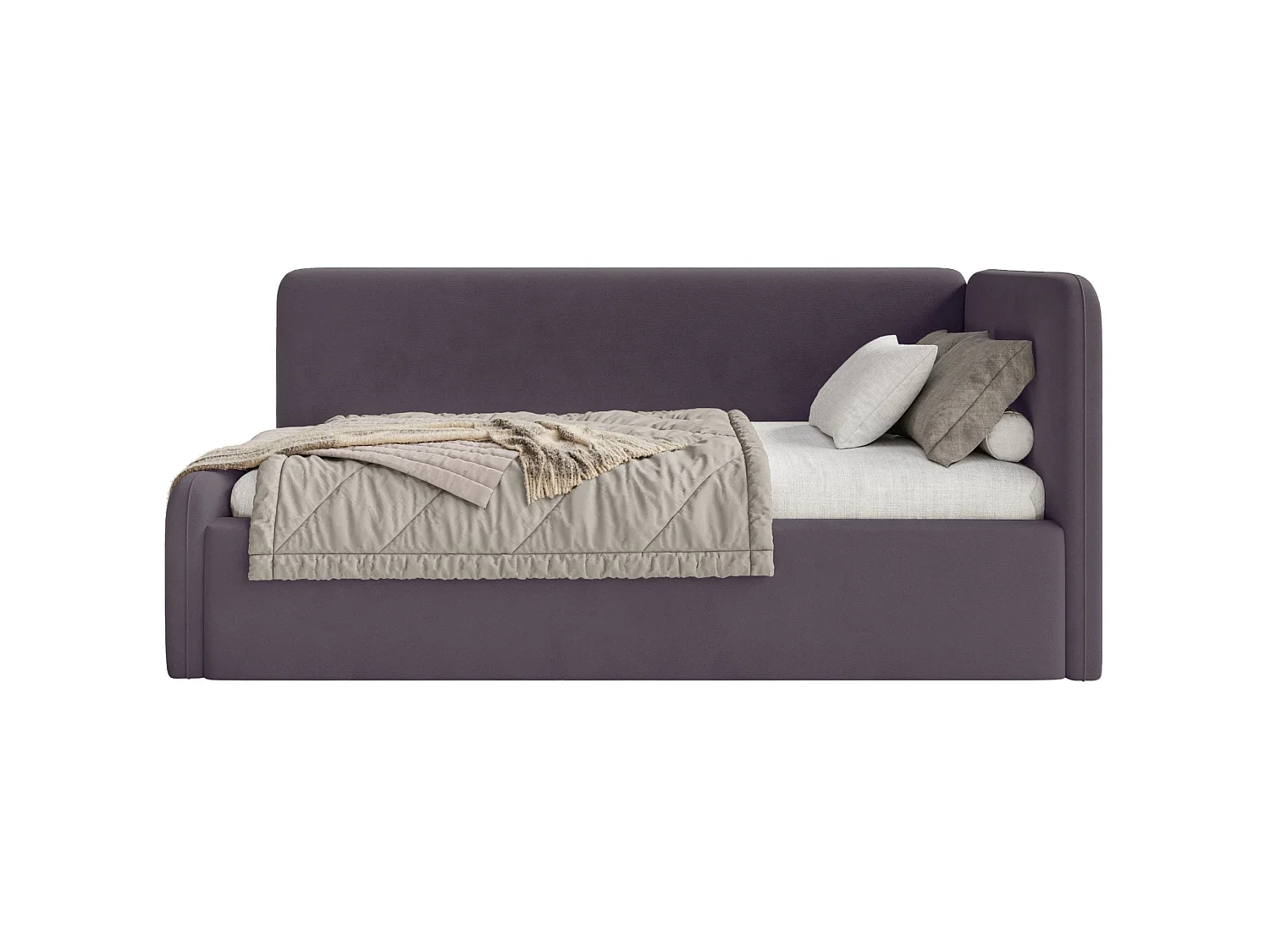 Lit junior 90x200 – barrière de sécurité, matelas, tête de lit à droite – velours – violet – FANKO