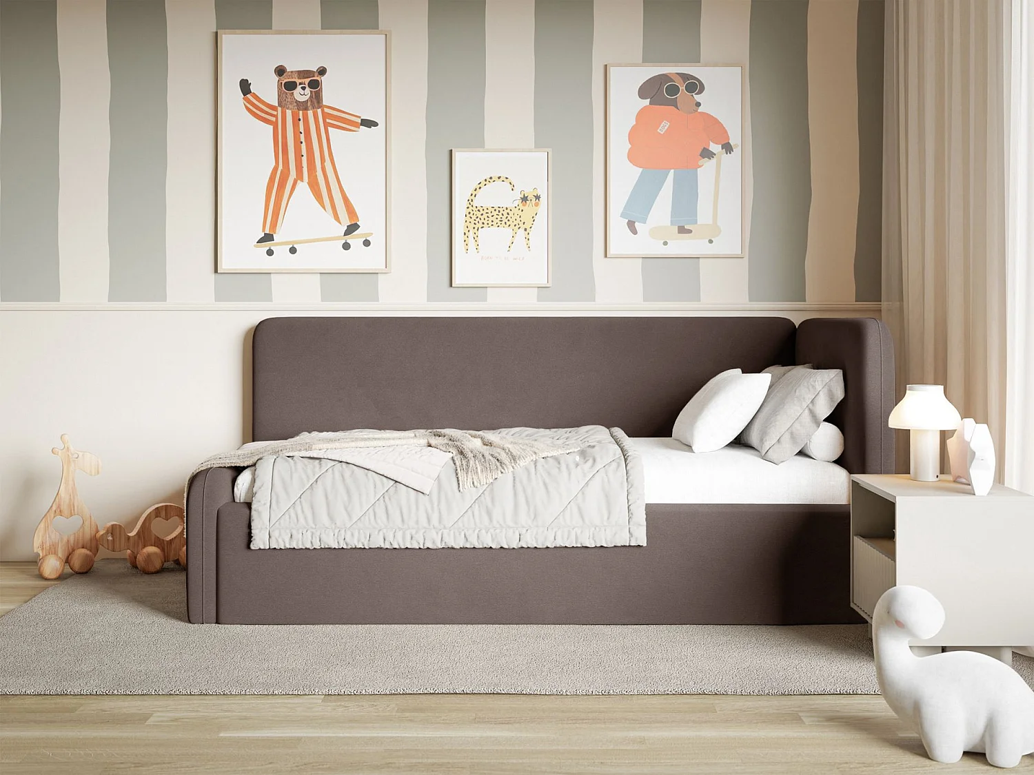 Tienerbed 90x200 met hoofdbord rechts – velours – bruin – FANKO