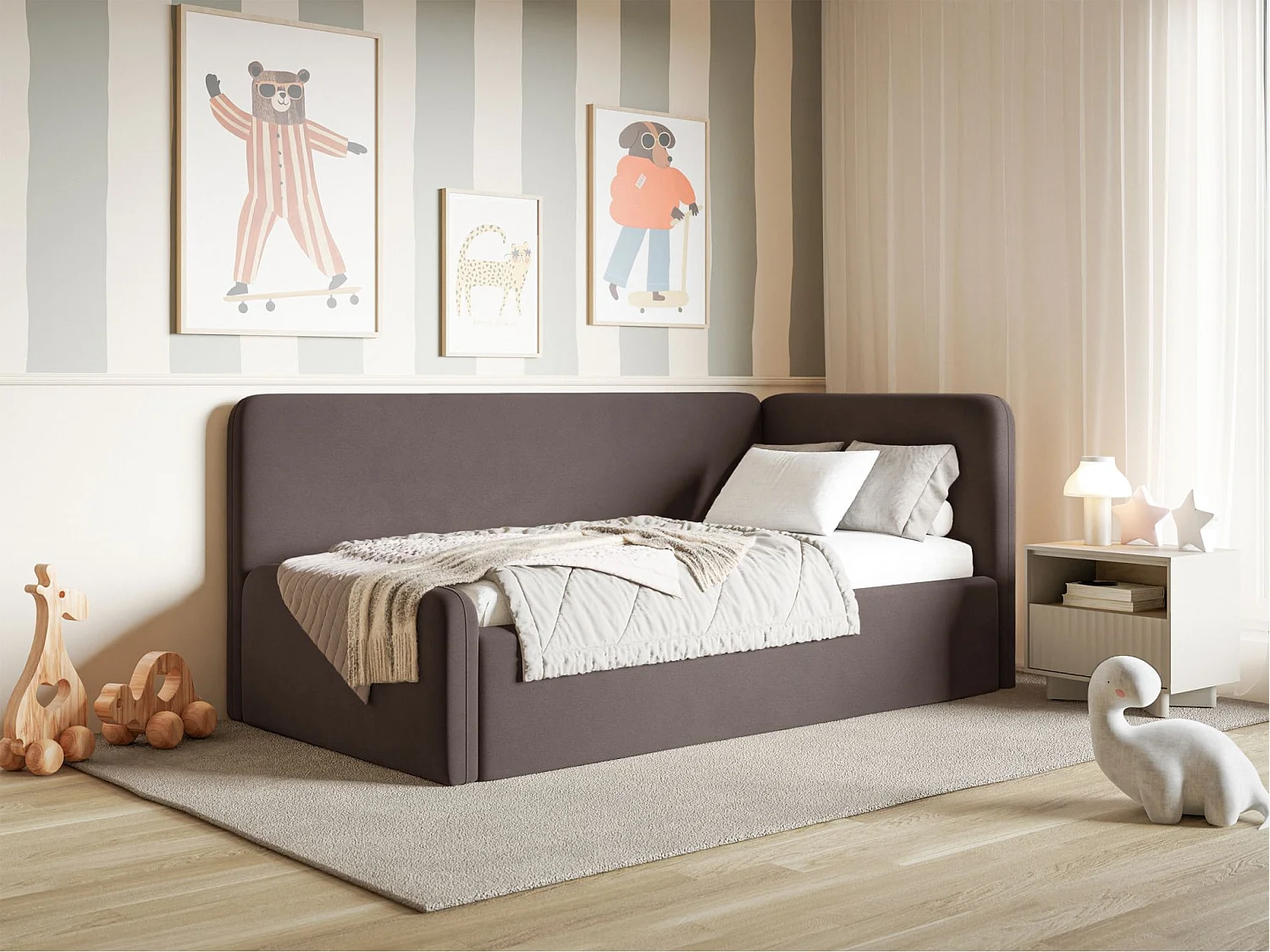 Tienerbed 90x200 met hoofdbord rechts – velours – bruin – FANKO