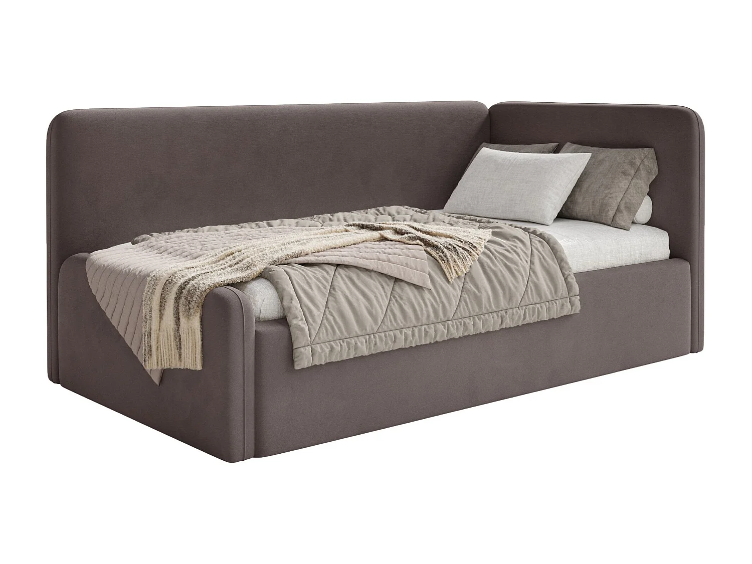 Tienerbed 90x200 met hoofdbord rechts – velours – bruin – FANKO