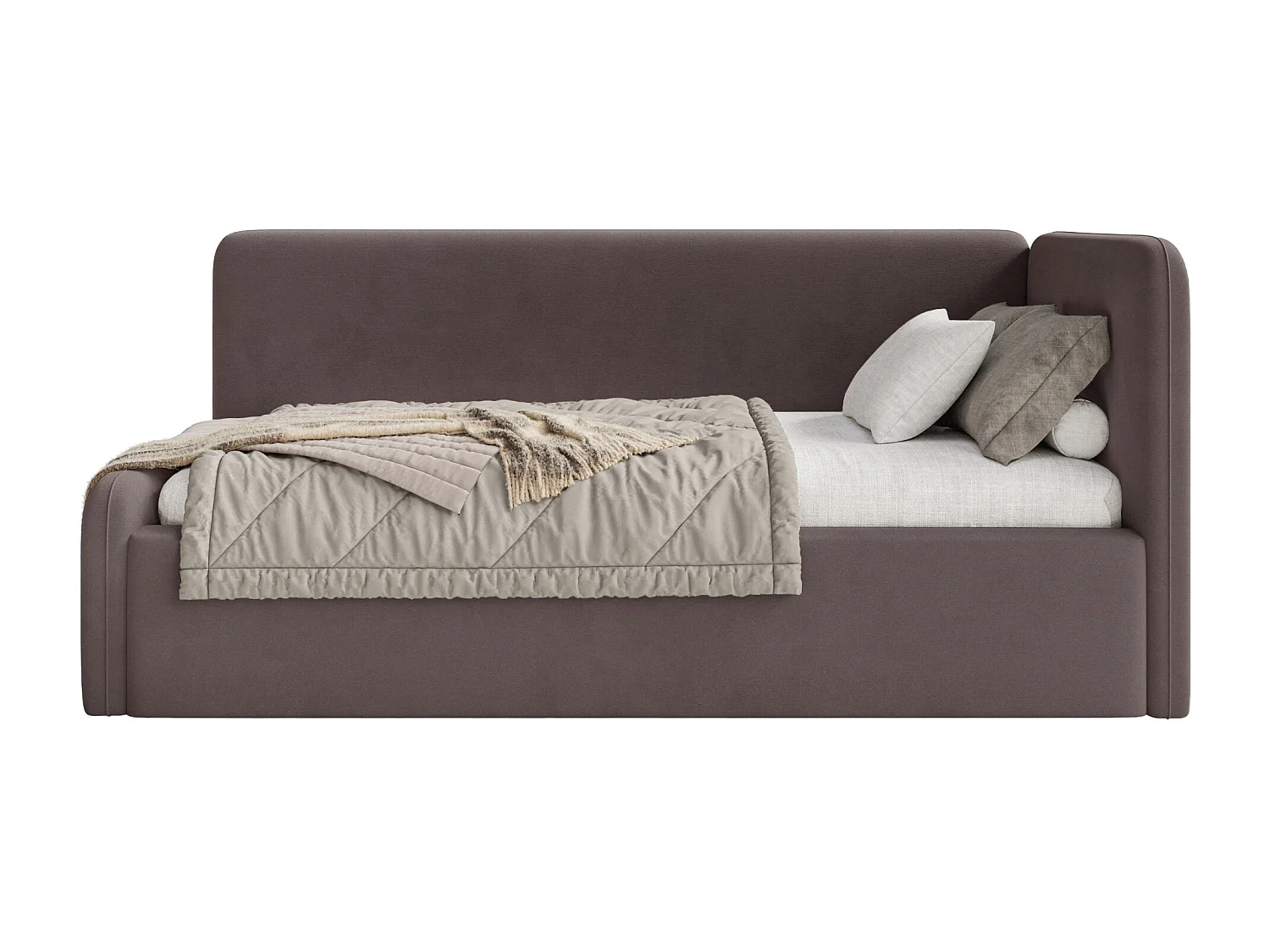 Tienerbed 90x200 met hoofdbord rechts – velours – bruin – FANKO