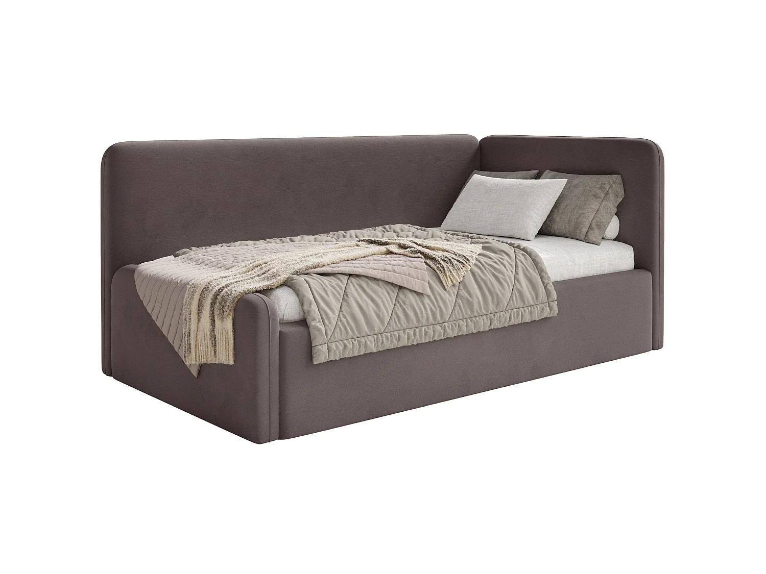 Lit enfant 90x200 – barrière de sécurité, tête de lit à gauche – velours – marron – FANKO