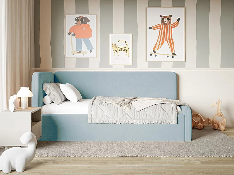 Lit junior 90x200 – matelas, tête de lit à gauche – velours – bleu clair – FANKO