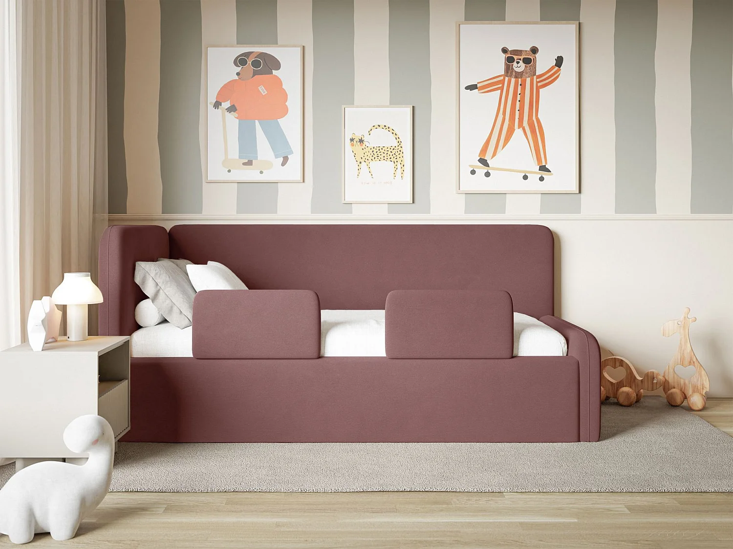 Kinderbed 90x200 met uitvalbeveiliging, matras en hoofdbord links – velours – roze – FANKO