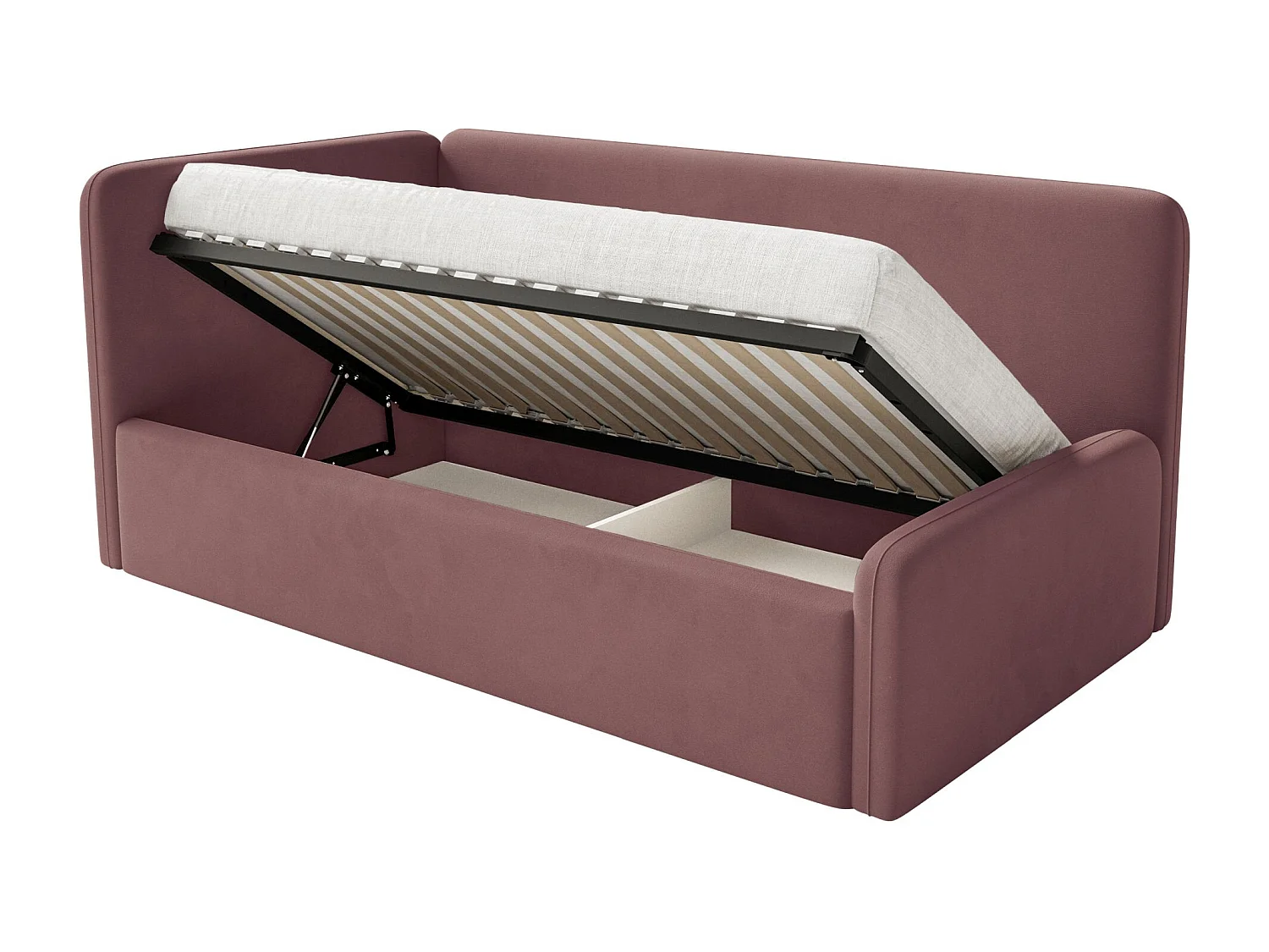 Kinderbed 90x200 met uitvalbeveiliging, matras en hoofdbord links – velours – roze – FANKO