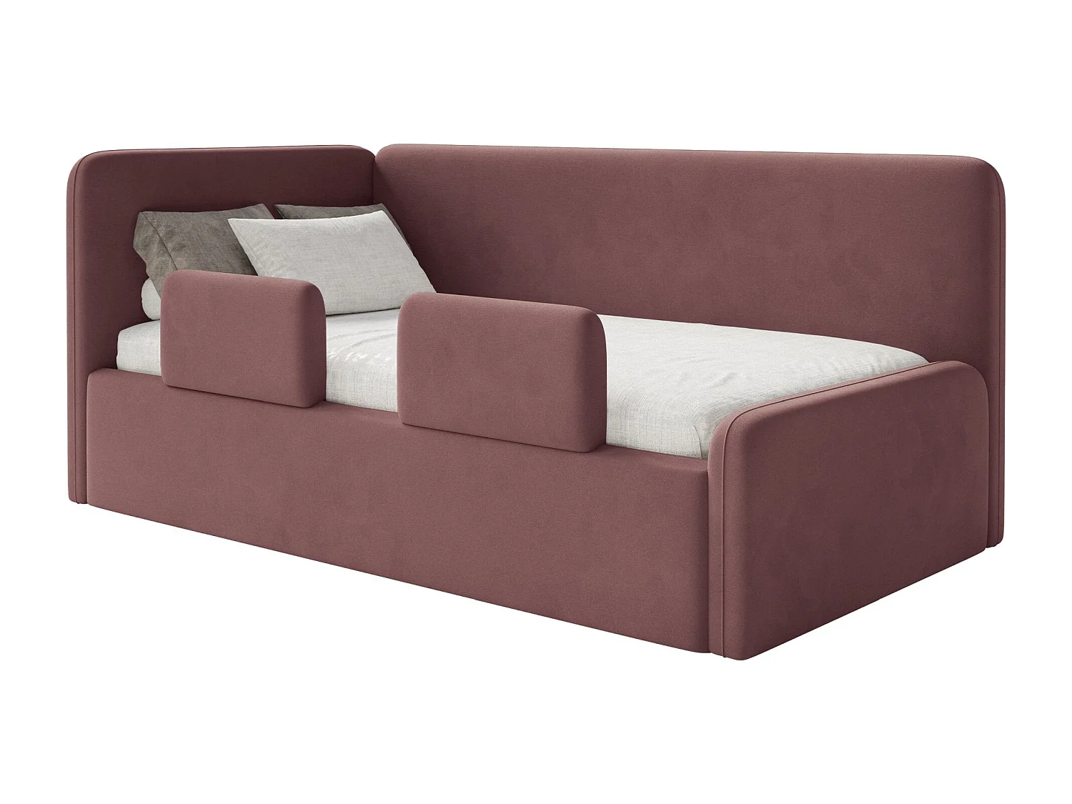 Kinderbed 90x200 met uitvalbeveiliging, matras en hoofdbord links – velours – roze – FANKO
