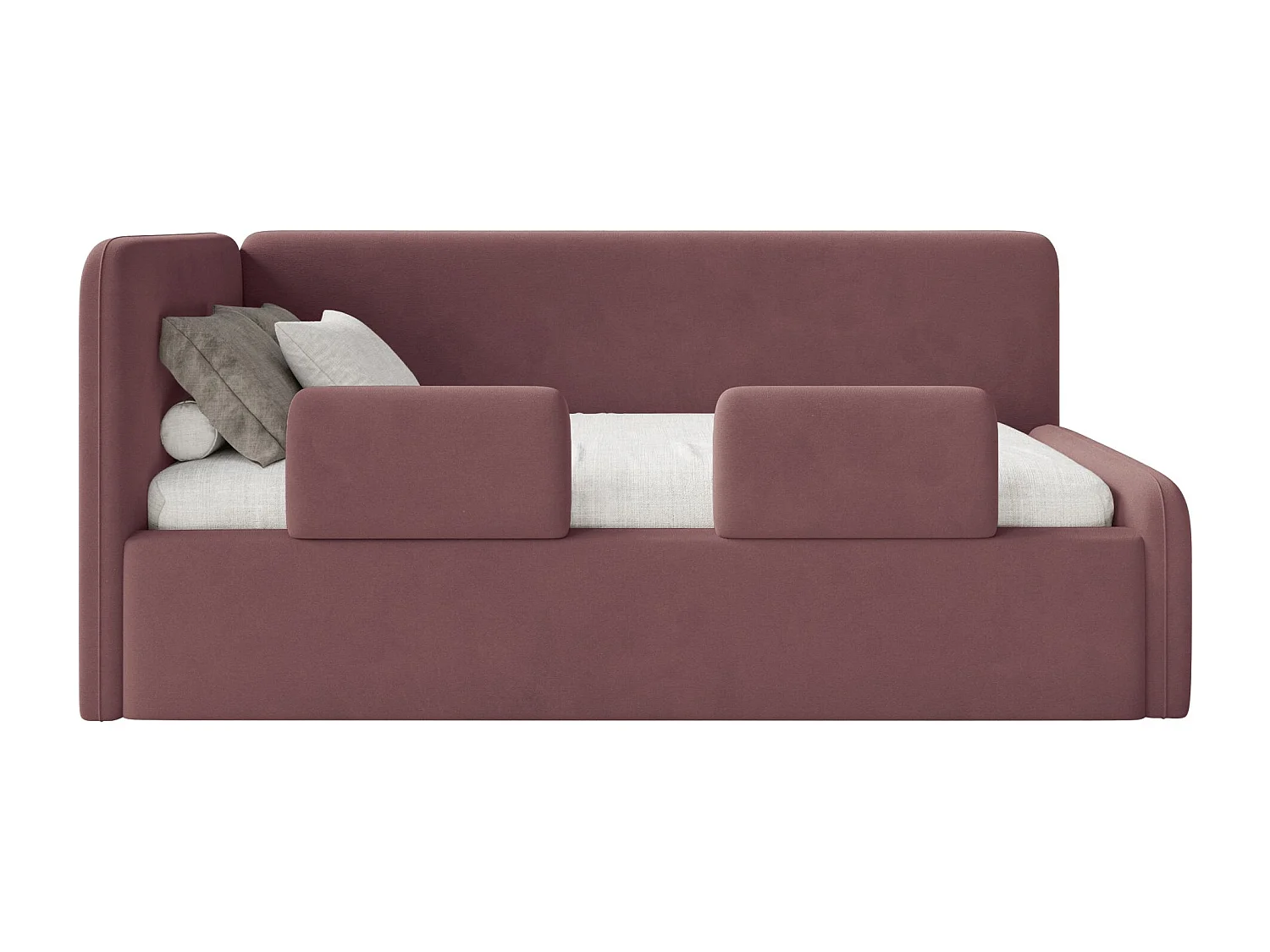 Kinderbed 90x200 met uitvalbeveiliging, matras en hoofdbord links – velours – roze – FANKO