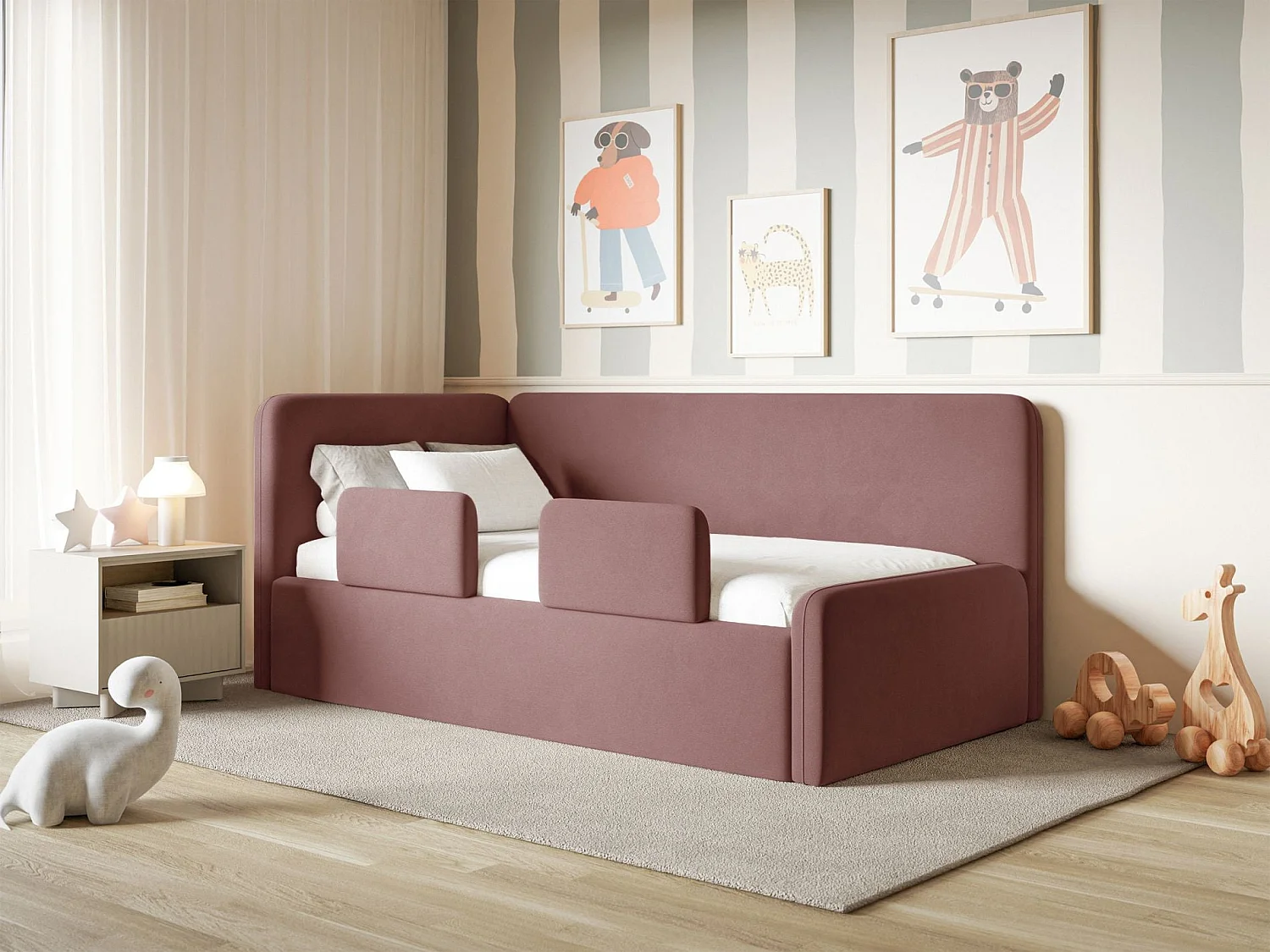 Lit enfant 90x200 – barrière de sécurité, matelas, tête de lit à gauche – velours – rose – FANKO