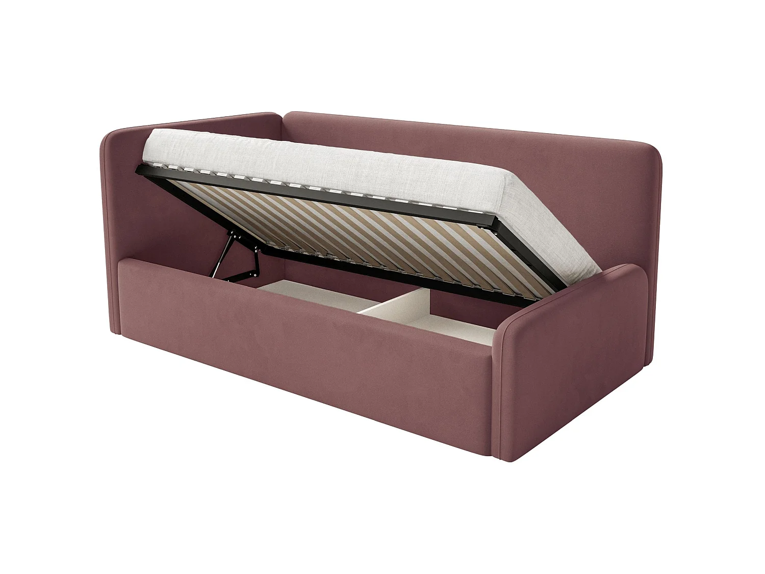 Lit enfant 90x200 – barrière de sécurité, matelas, tête de lit à gauche – velours – rose – FANKO