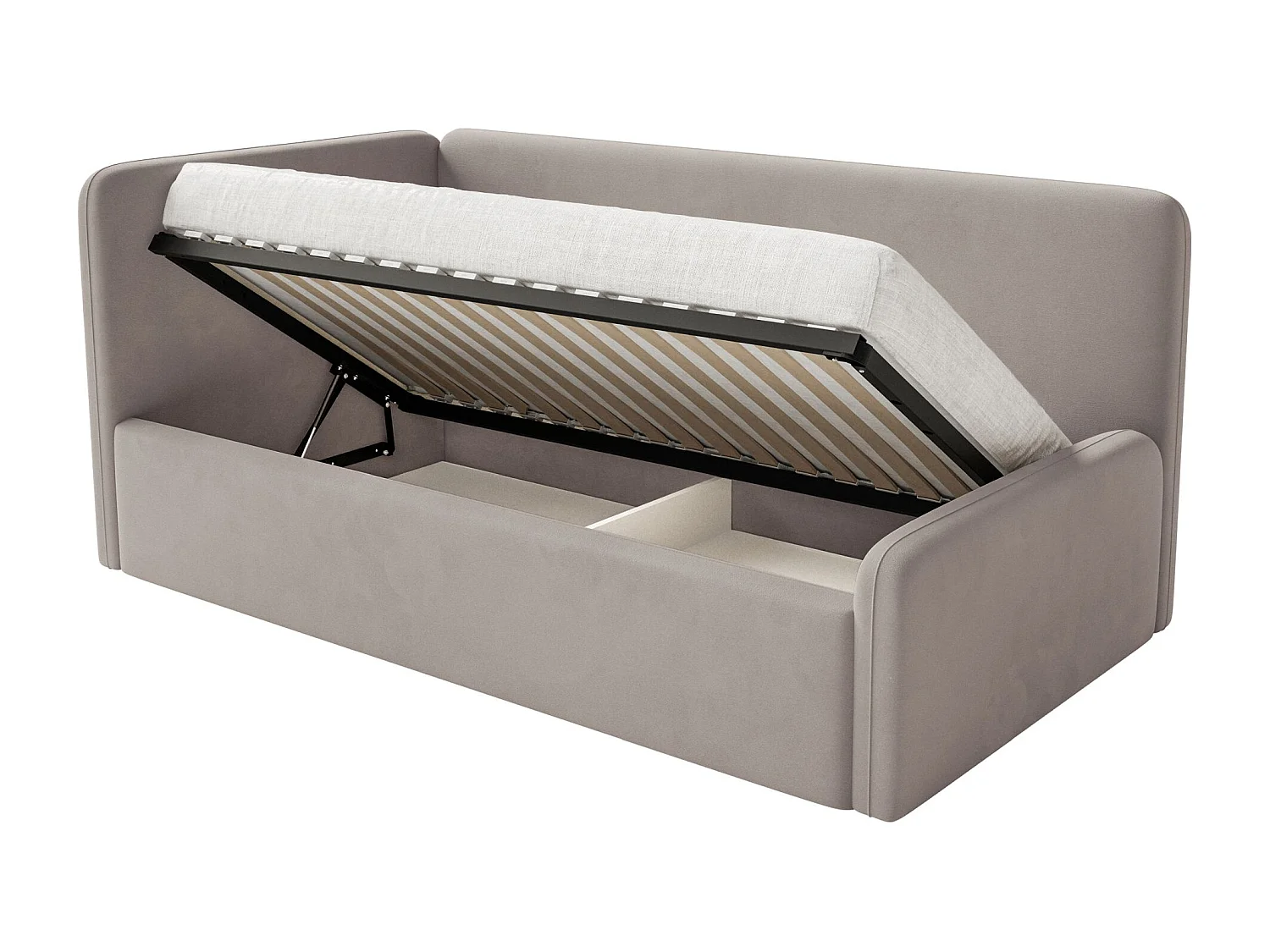 Lit enfant avec tête de lit à gauche – coffre de rangement et barrière de sécurité – grège – 90x200 cm – FANKO