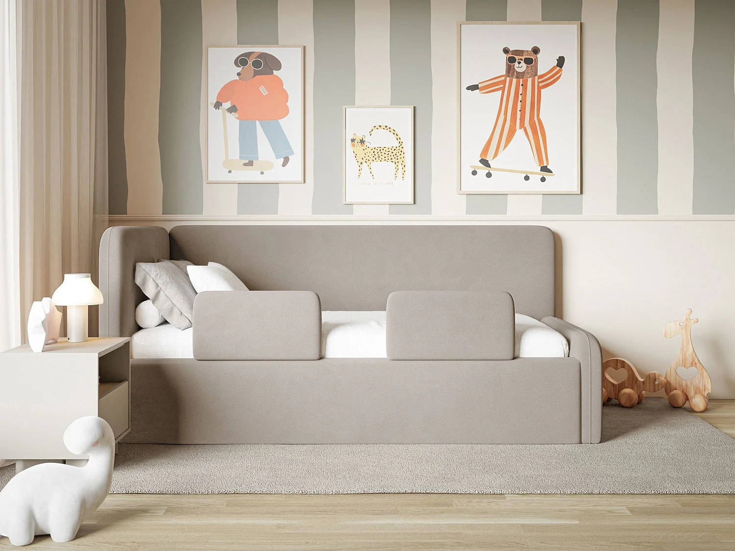 Kinderbed 90x200 met uitvalbeveiliging en hoofdbord links – velours – grijsbeige – FANKO
