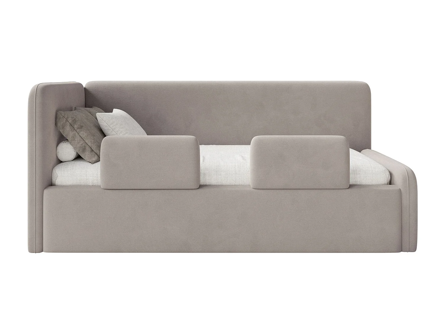 Kinderbed 90x200 met uitvalbeveiliging en hoofdbord links – velours – grijsbeige – FANKO