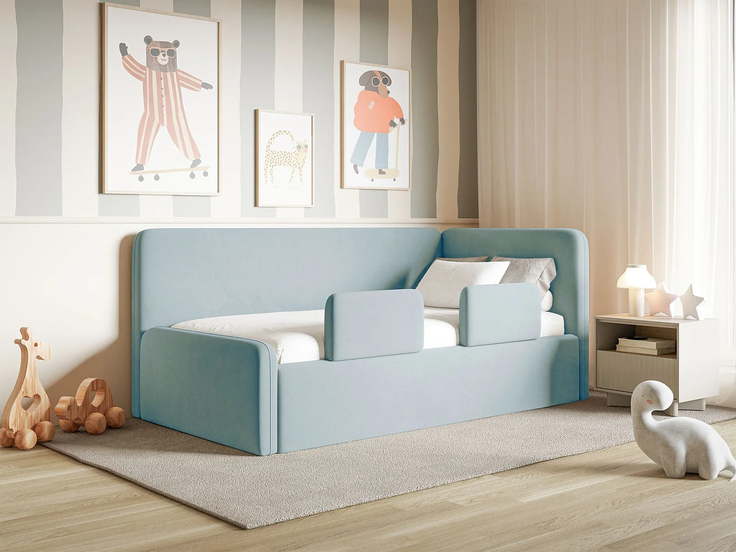 Lit enfant avec tête de lit à droite – matelas, coffre de rangement et barrière de sécurité – bleu clair – 90x200 cm – FANKO