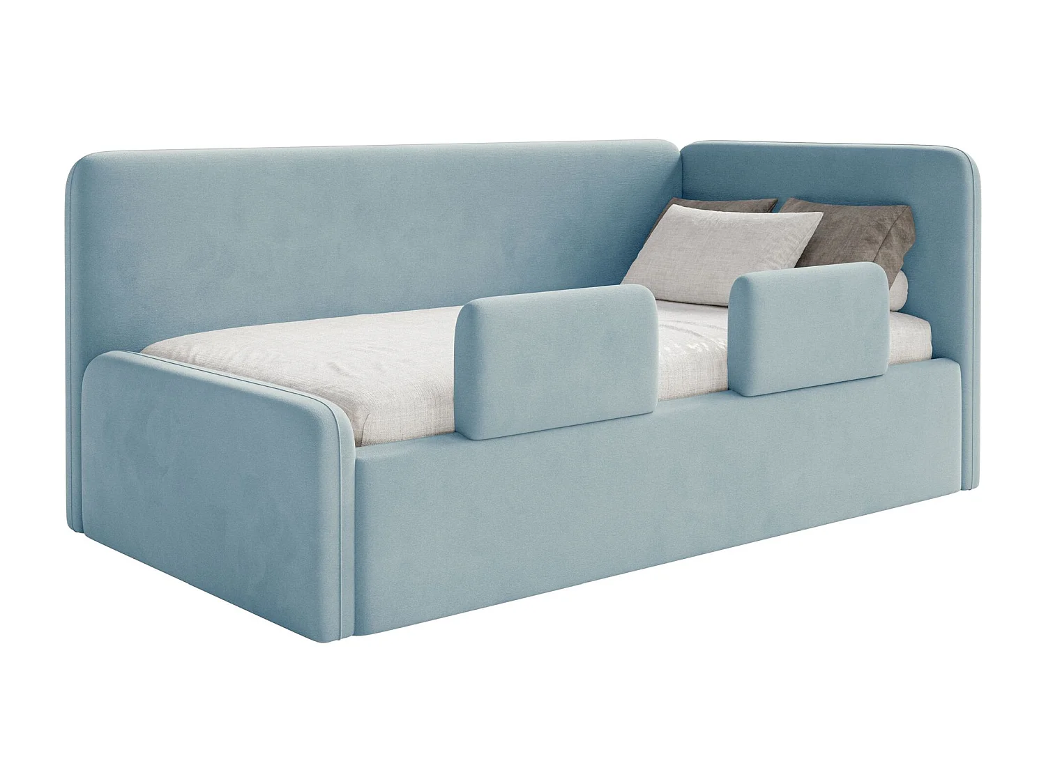 Kinderbed 90x200 met uitvalbeveiliging, matras en hoofdbord rechts – velours – lichtblauw – FANKO