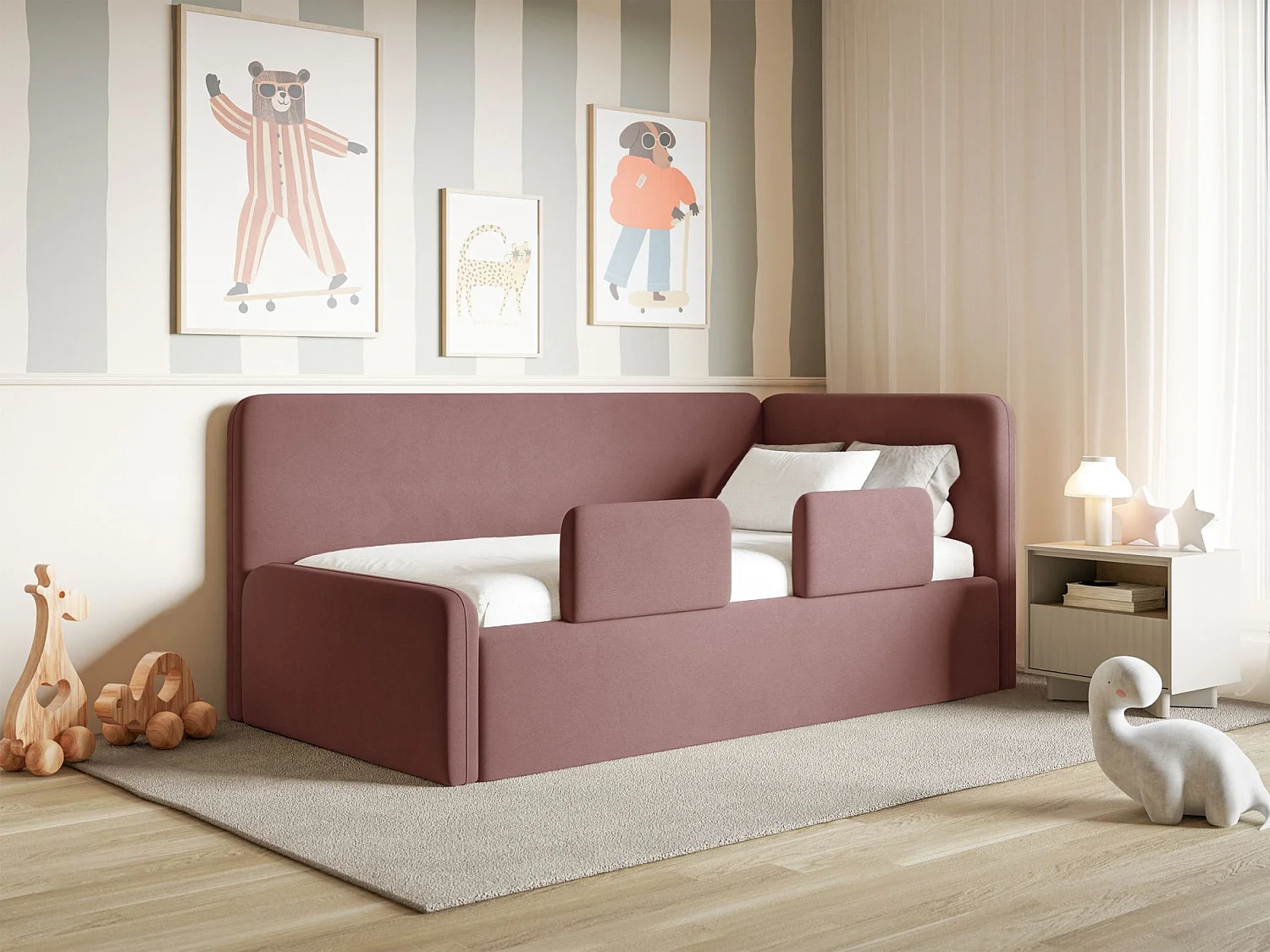 Lit enfant avec tête de lit à droite – matelas, coffre de rangement et barrière de sécurité – rose – 90x200 cm – FANKO