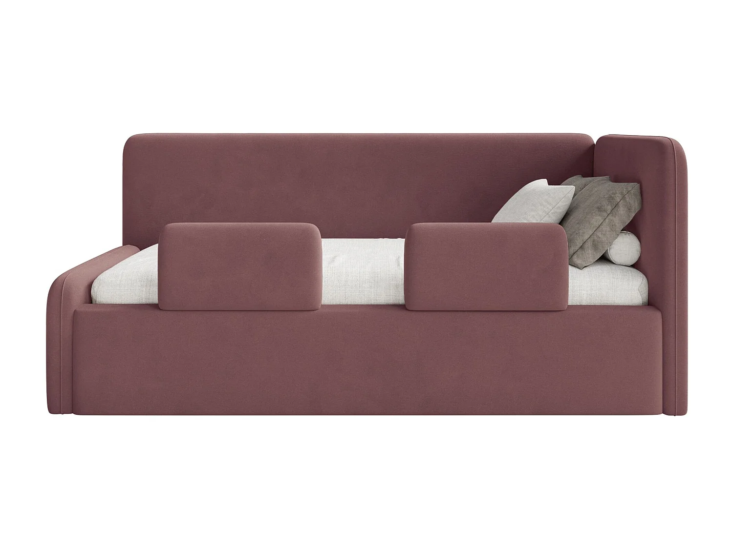 Kinderbed 90x200 met uitvalbeveiliging, matras en hoofdbord rechts – velours – roze – FANKO