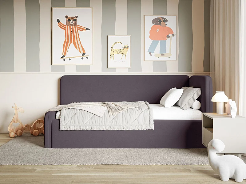 Lit enfant 90x200 – barrière de sécurité, tête de lit à gauche – velours – violet – FANKO