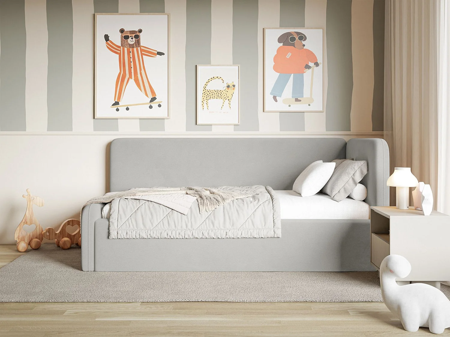 Tienerbed 90x200 met hoofdbord rechts – velours – lichtgrijs – FANKO