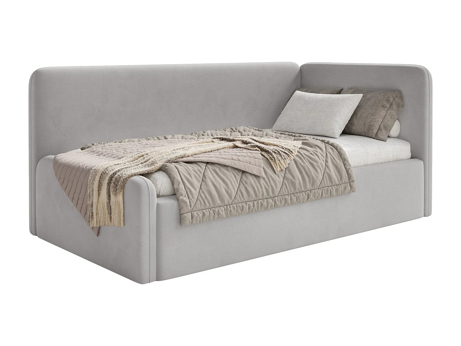 Tienerbed 90x200 met hoofdbord rechts – velours – lichtgrijs – FANKO