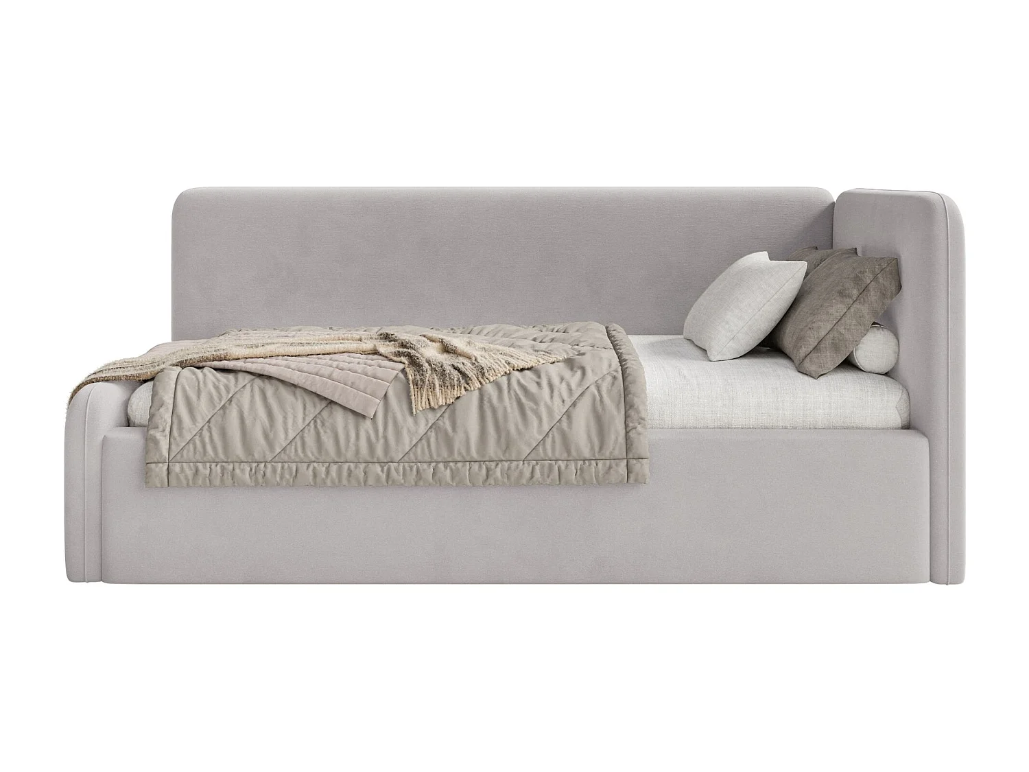 Tienerbed 90x200 met hoofdbord rechts – velours – lichtgrijs – FANKO