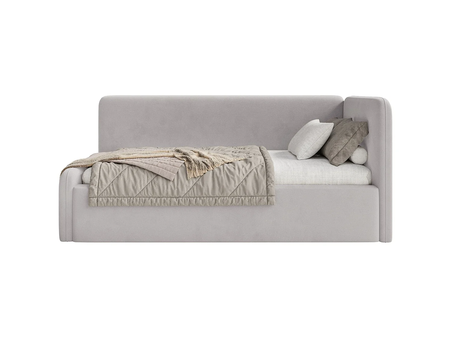 Lit enfant 90x200 – barrière de sécurité, tête de lit à gauche – velours – gris clair – FANKO