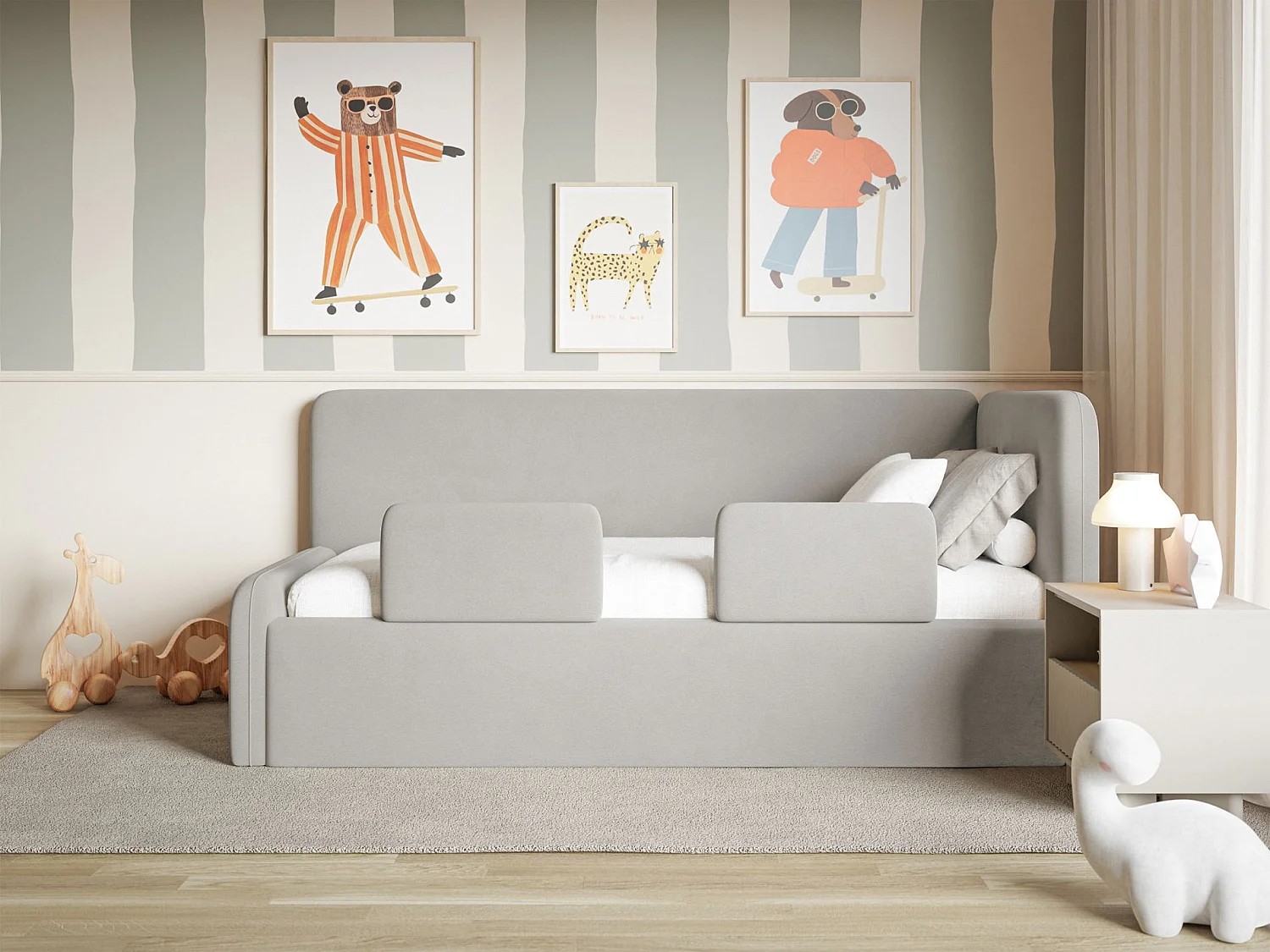 Kinderbed 90x200 met uitvalbeveiliging en hoofdbord rechts – velours – lichtgrijs – FANKO