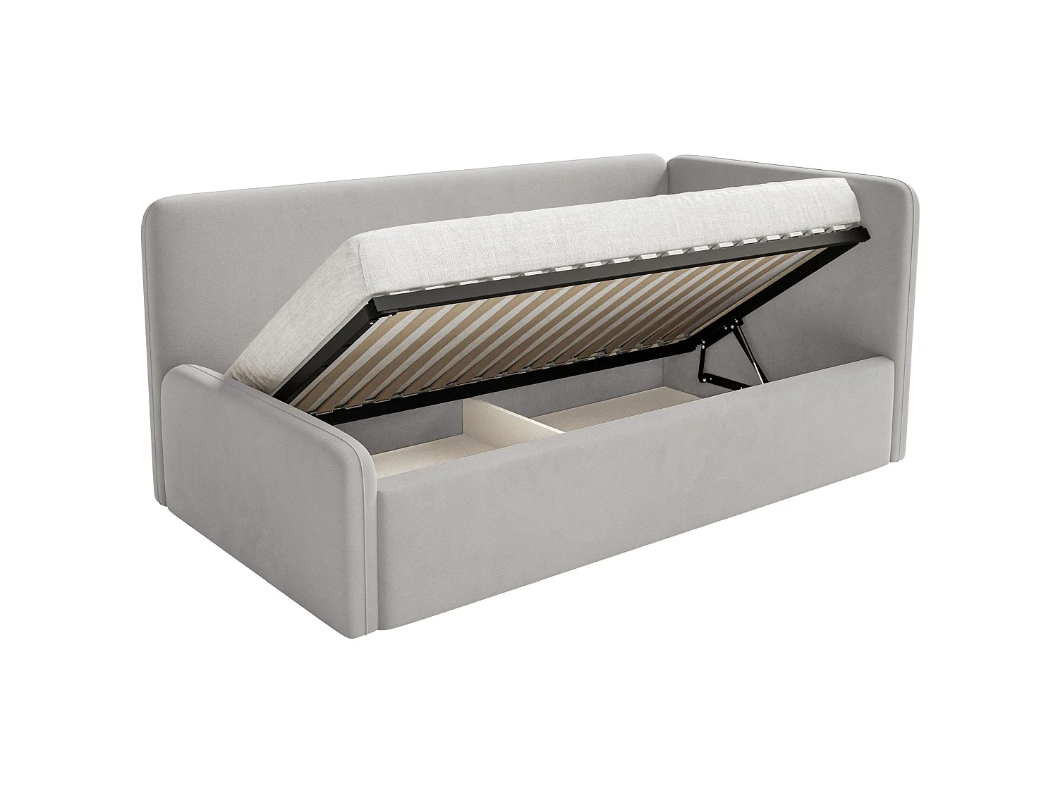 Kinderbed 90x200 met uitvalbeveiliging en hoofdbord rechts – velours – lichtgrijs – FANKO
