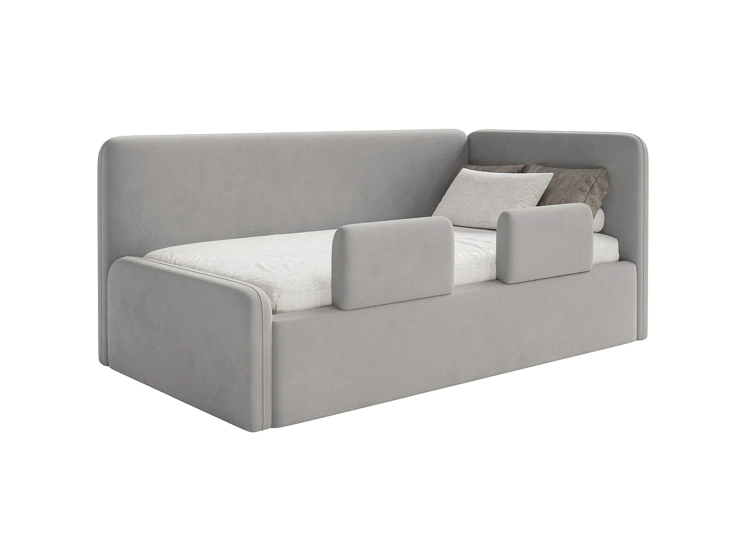 Kinderbed 90x200 met uitvalbeveiliging en hoofdbord rechts – velours – lichtgrijs – FANKO