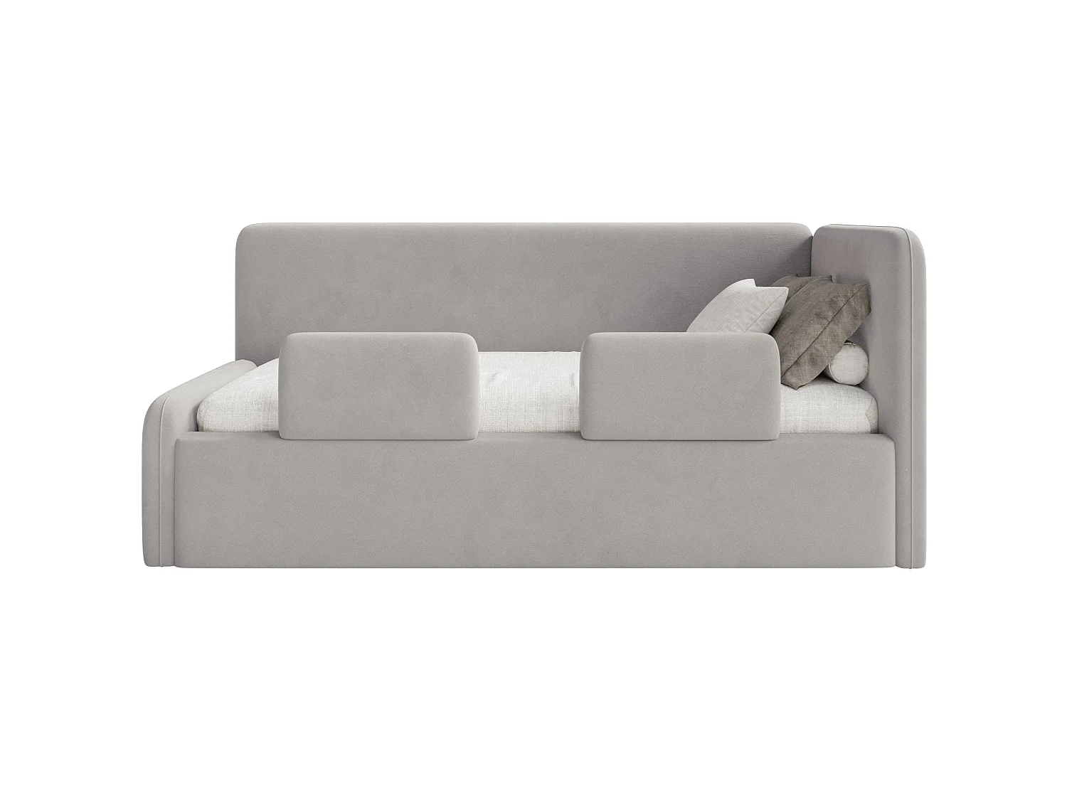 Kinderbed 90x200 met uitvalbeveiliging en hoofdbord rechts – velours – lichtgrijs – FANKO