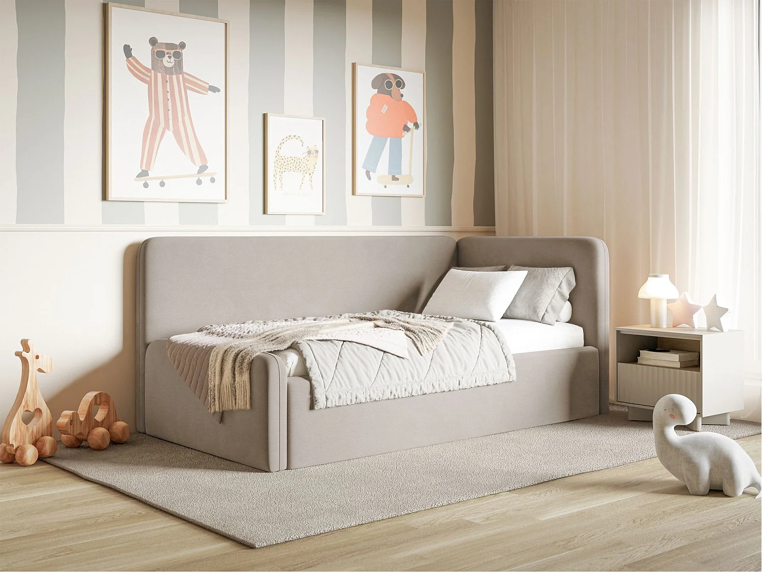 Tienerbed 90x200 met hoofdbord rechts – velours – grijsbeige – FANKO