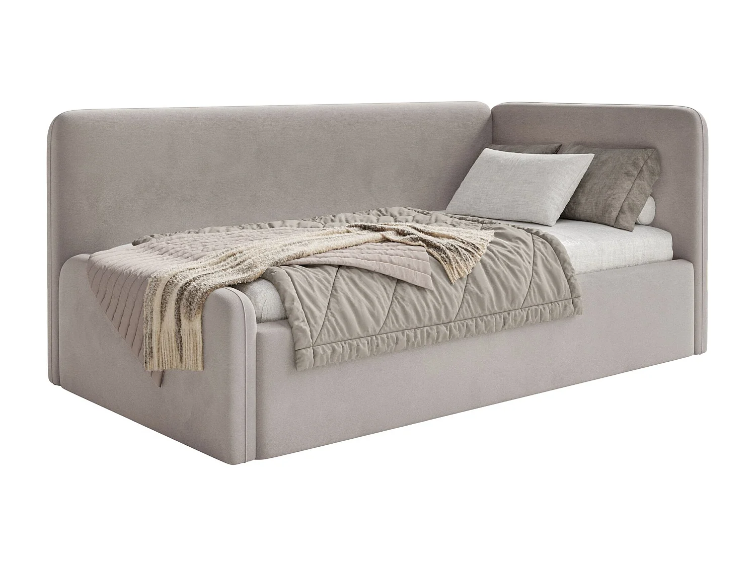 Tienerbed 90x200 met hoofdbord rechts – velours – grijsbeige – FANKO