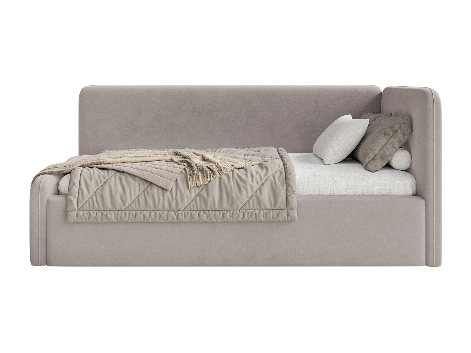 Tienerbed 90x200 met hoofdbord rechts – velours – grijsbeige – FANKO