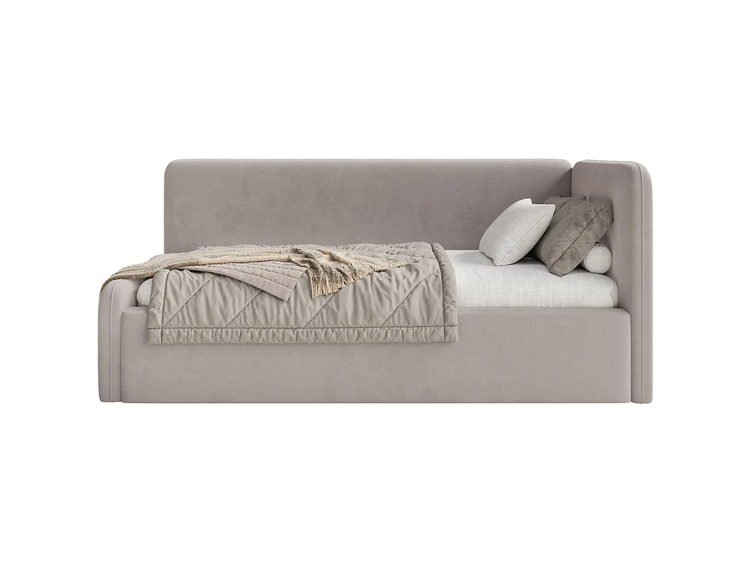 Lit enfant 90x200 – barrière de sécurité, tête de lit à gauche – velours – grège – FANKO