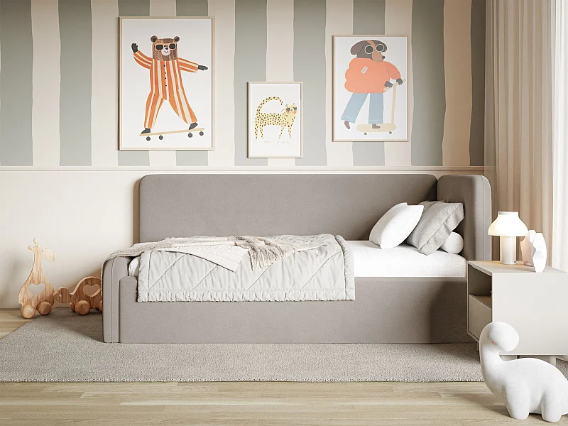 Lit enfant 90x200 – barrière de sécurité, tête de lit à gauche – velours – grège – FANKO