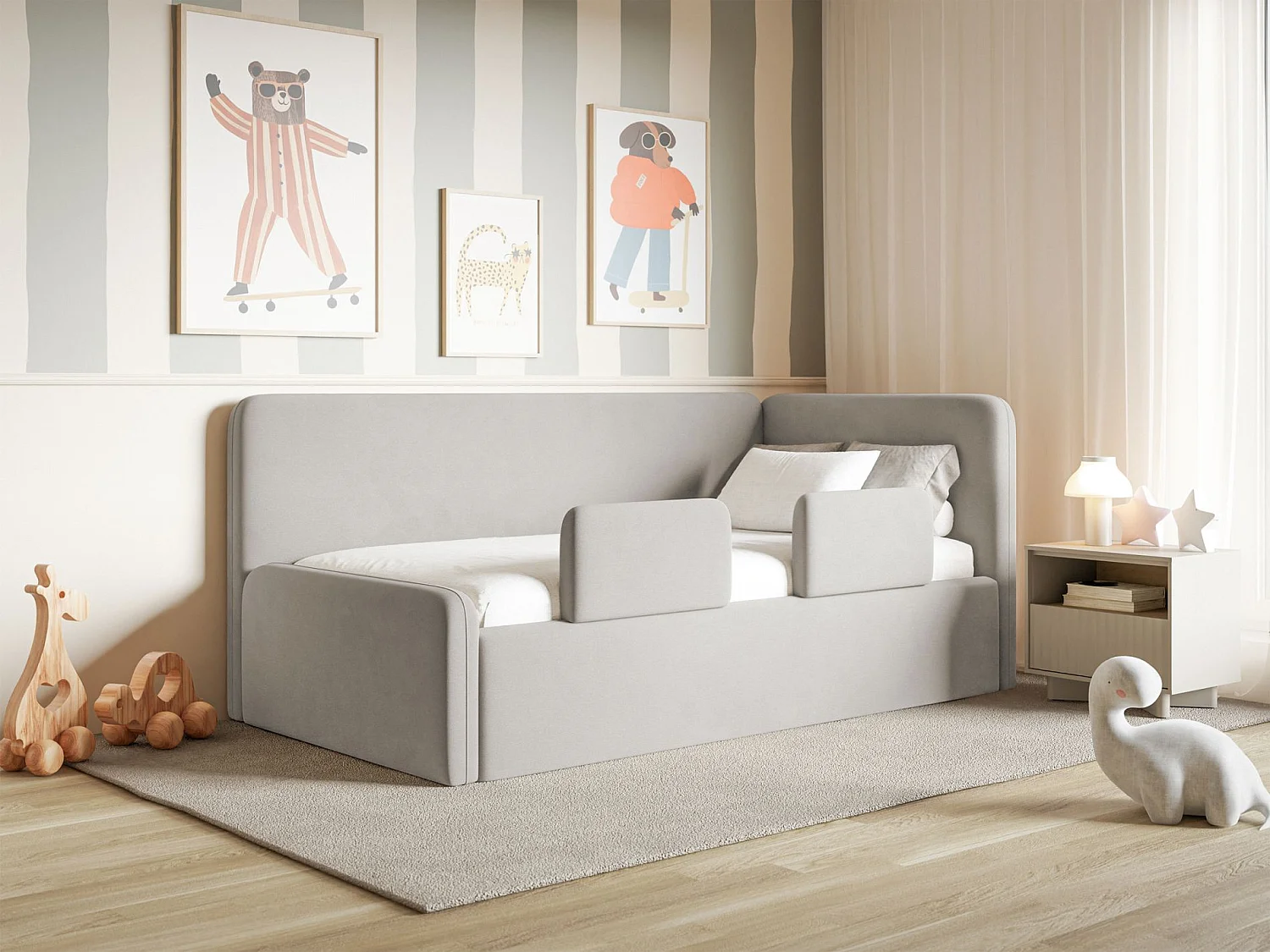 Lit enfant avec tête de lit à droite – matelas, coffre de rangement et barrière de sécurité – gris clair – 90x200 cm – FANKO