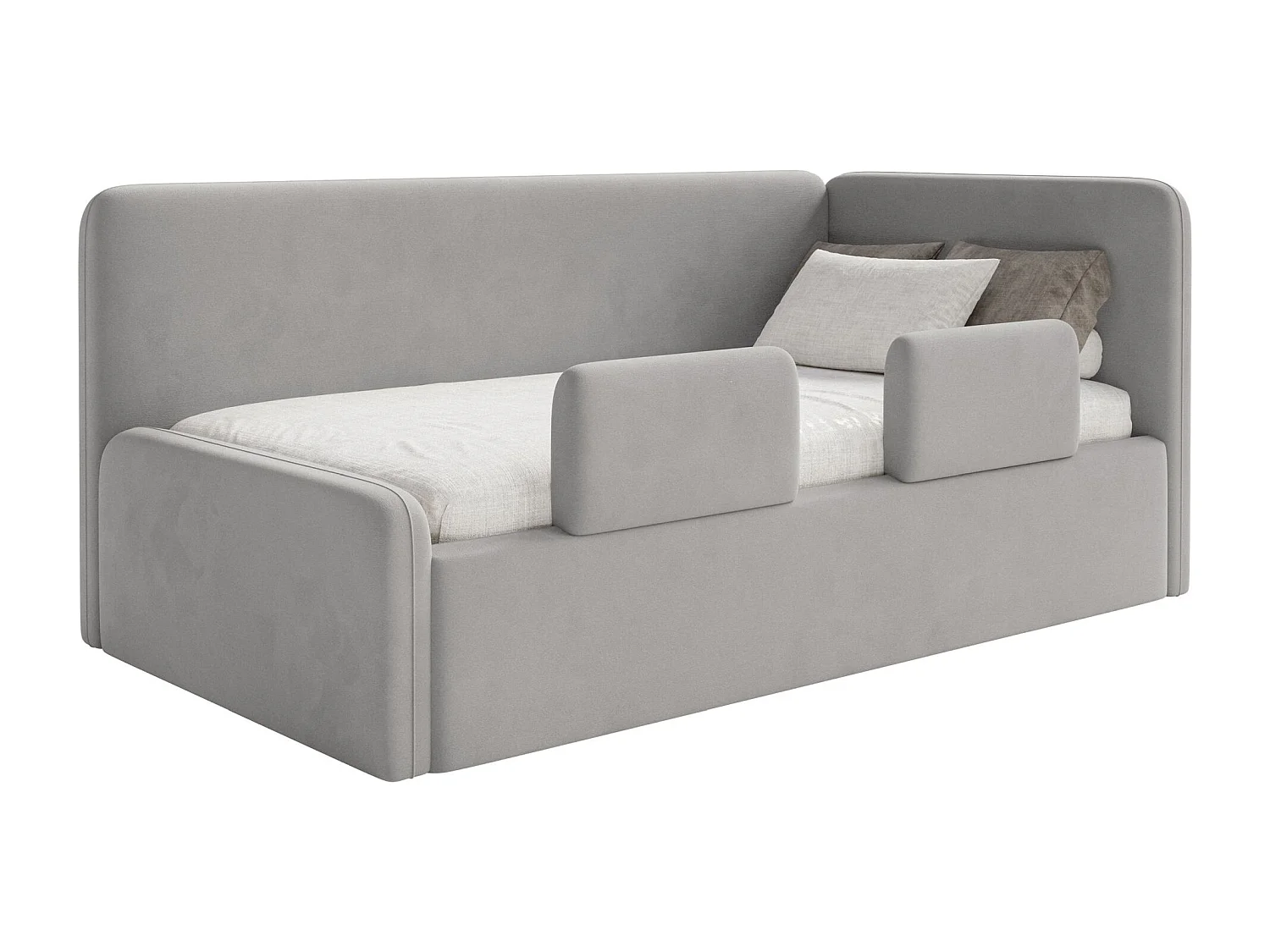 Lit enfant avec tête de lit à droite – matelas, coffre de rangement et barrière de sécurité – gris clair – 90x200 cm – FANKO