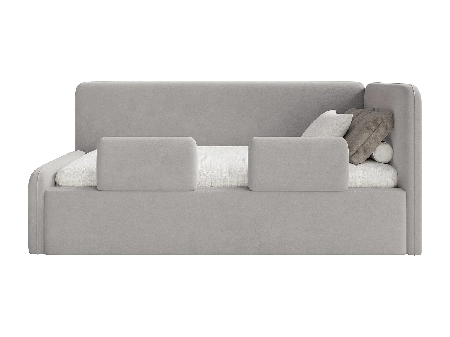 Lit enfant avec tête de lit à droite – matelas, coffre de rangement et barrière de sécurité – gris clair – 90x200 cm – FANKO