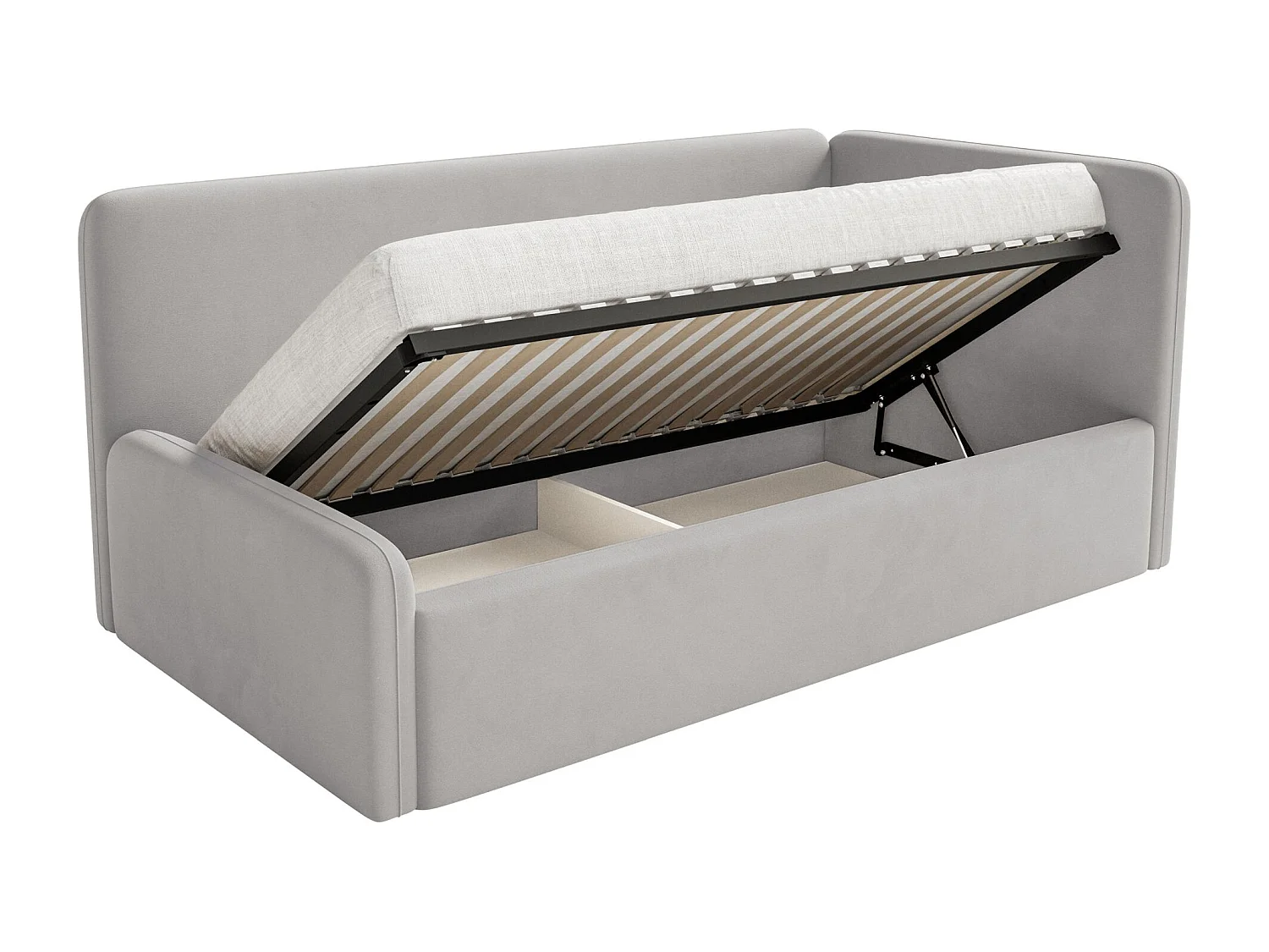 Kinderbed 90x200 met uitvalbeveiliging, matras en hoofdbord rechts – velours – lichtgrijs – FANKO