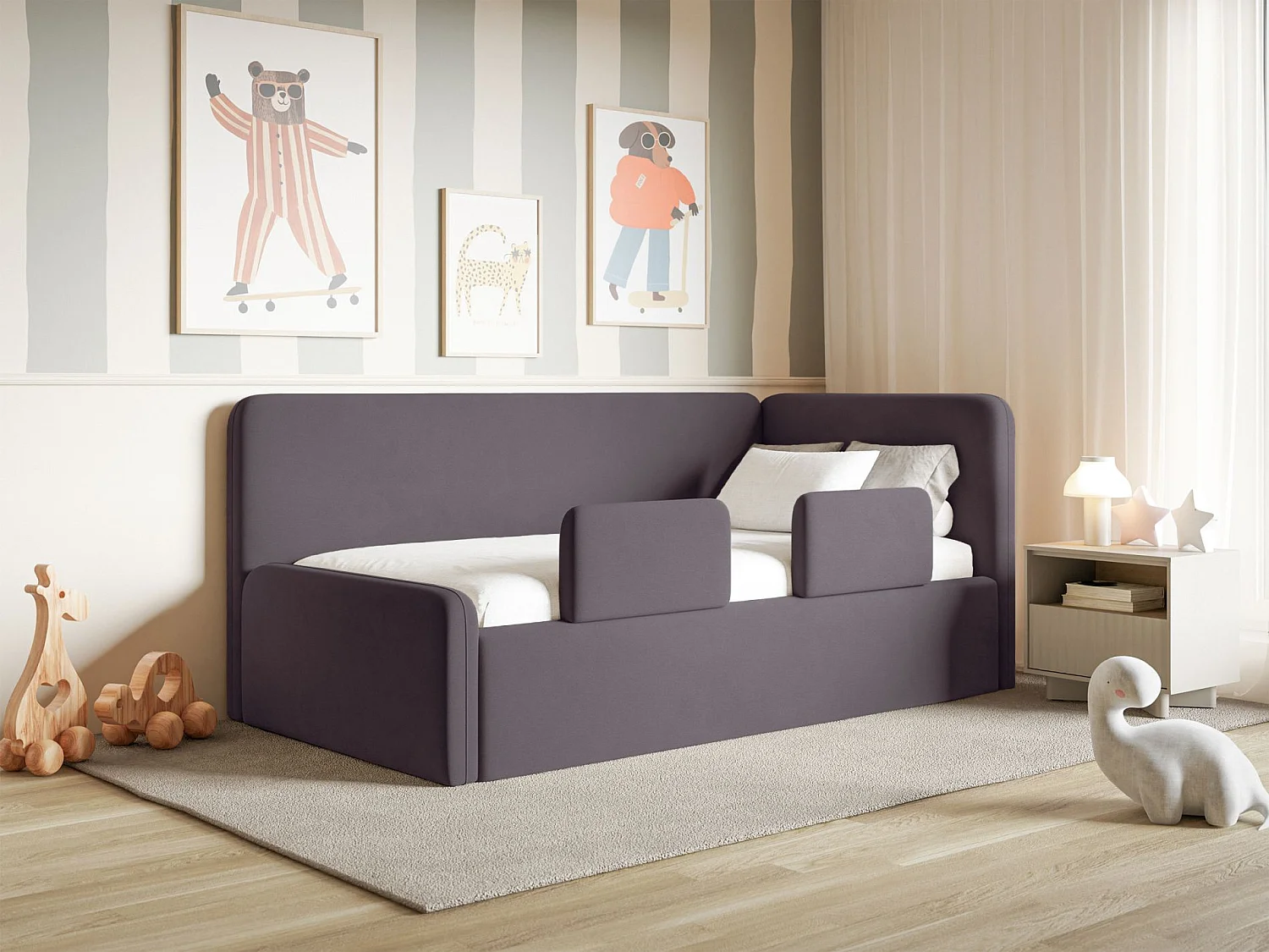 Lit enfant avec tête de lit à droite – coffre de rangement et barrière de sécurité – violet – 90x200 cm – FANKO