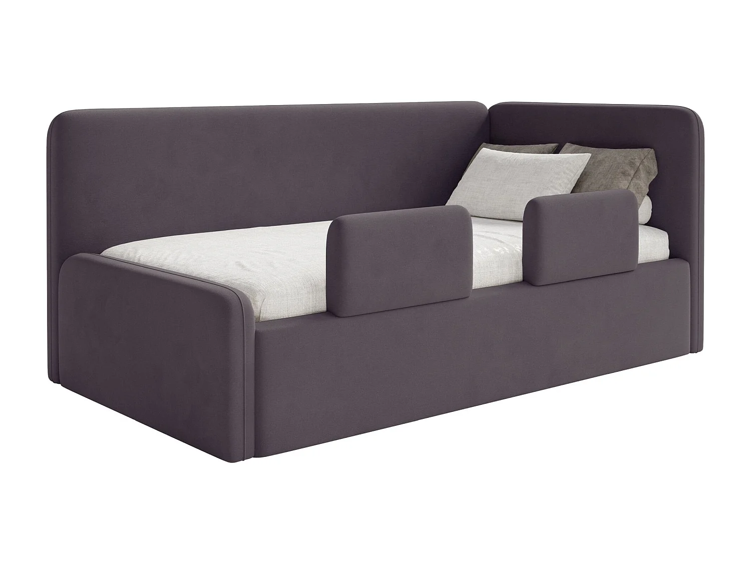 Lit enfant avec tête de lit à droite – coffre de rangement et barrière de sécurité – violet – 90x200 cm – FANKO