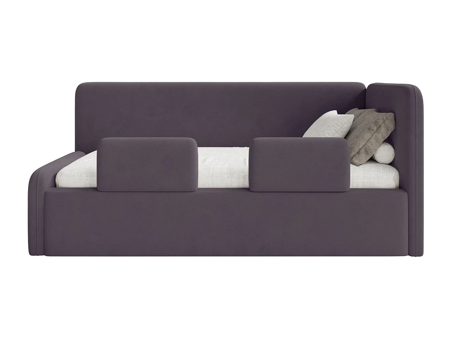Lit enfant avec tête de lit à droite – coffre de rangement et barrière de sécurité – violet – 90x200 cm – FANKO