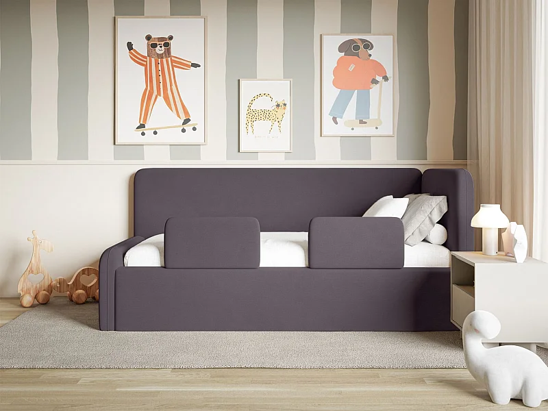 Lit enfant 90x200 – barrière de sécurité, tête de lit à droite – velours – violet – FANKO