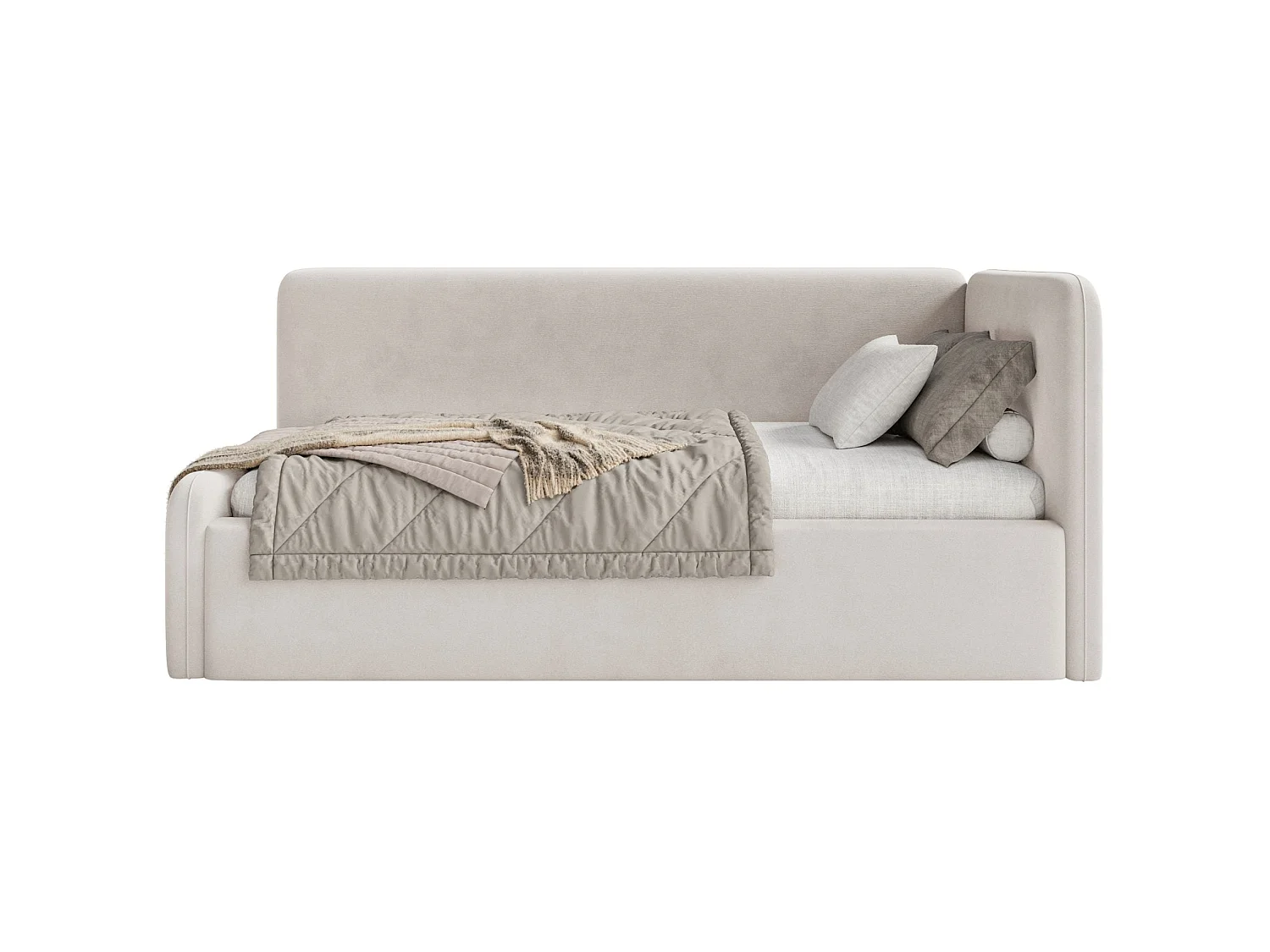 Lit junior 90x200 – matelas, tête de lit à gauche – velours – beige clair – FANKO